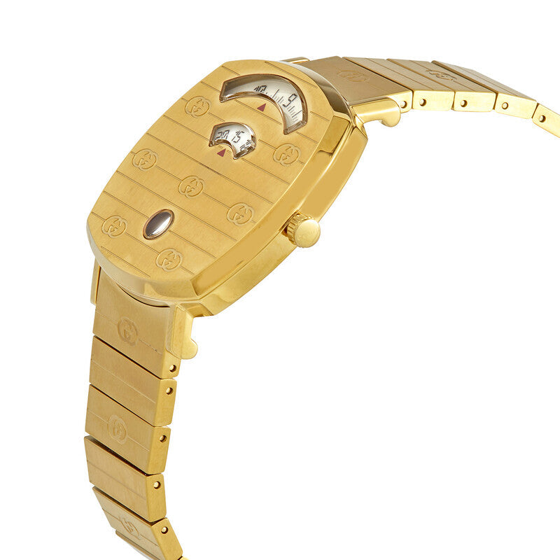 Gucci Grip watch side angle showing yellow gold-tone barrel-shaped case and matching bracelet