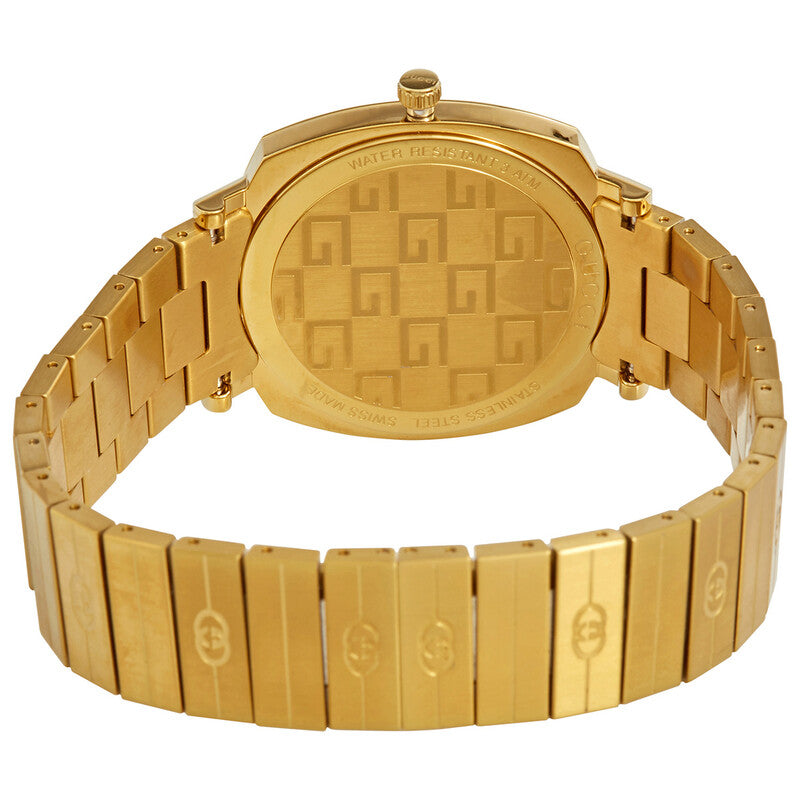 Gucci Grip watch caseback showing yellow gold-tone case with GG pattern and yellow gold bracelet