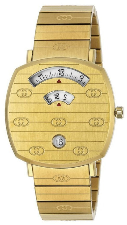 Gucci Grip yellow gold-tone watch with white dial and GG patterned face, shown front view
