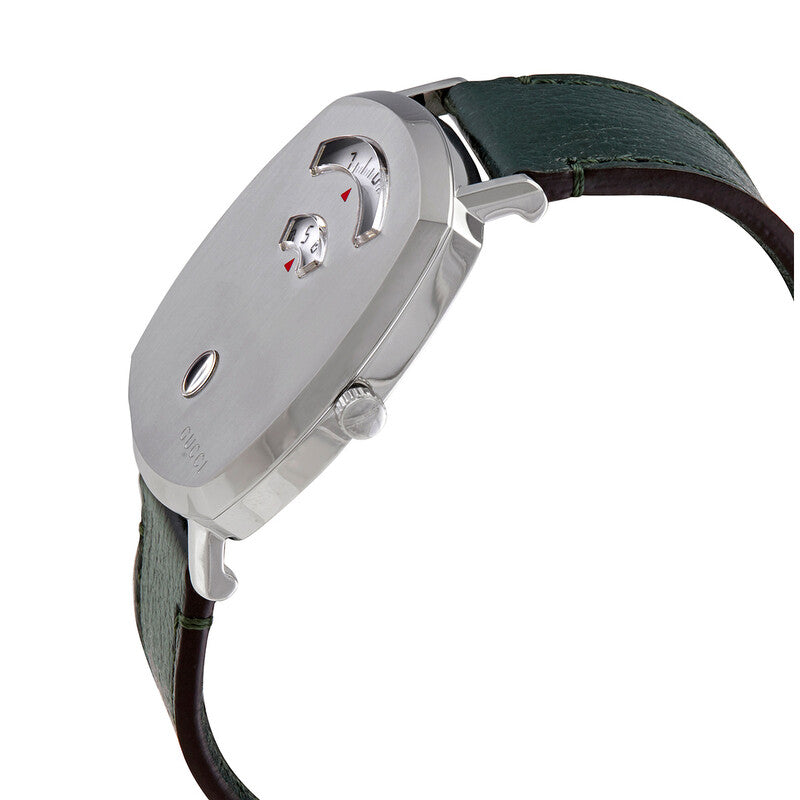 Gucci Grip watch side view showing grip-style case and green leather strap
