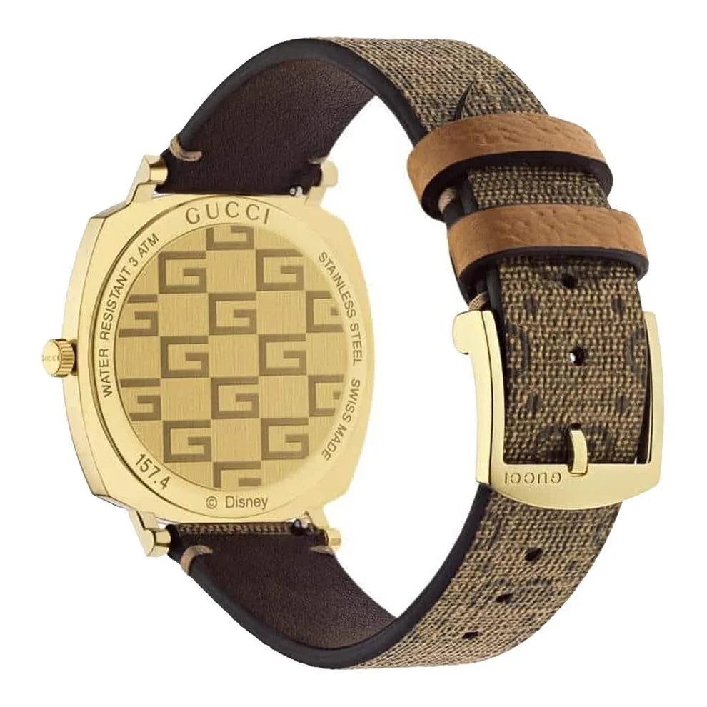 Caseback of Gucci Grip watch showing engraved GG monogram pattern and Disney copyright mark