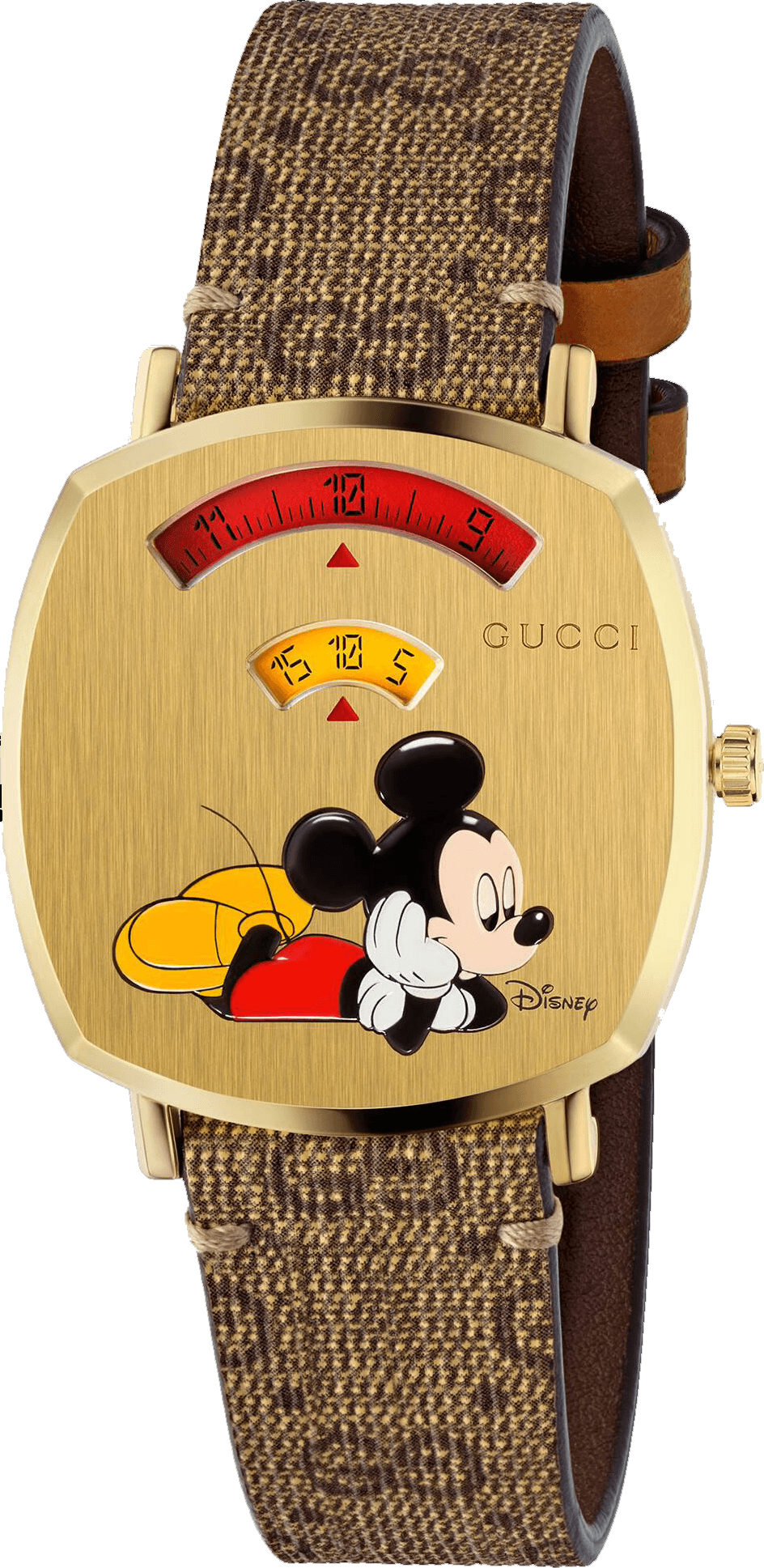 Gucci Grip watch with gold dial, Mickey Mouse design, red power reserve indicator, brown leather and fabric strap