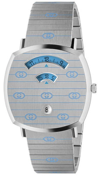 Gucci Grip quartz watch with silver dial featuring blue GG pattern and steel strap