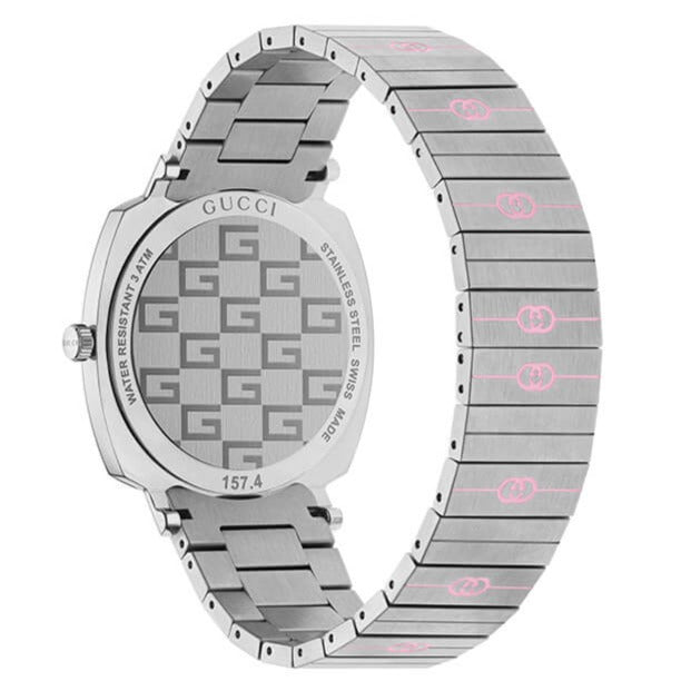 GUCCI Grip watch 45-degree angle view with GG monogram caseback visible