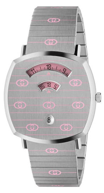 GUCCI Grip stainless-steel watch with pink dial and GG pattern, gray bracelet