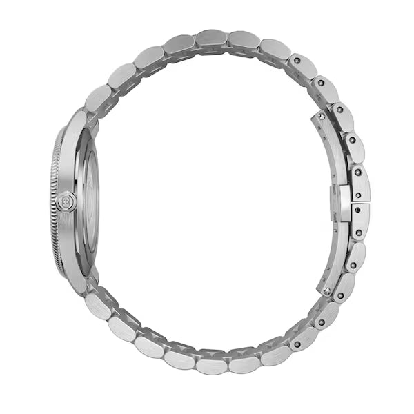 Gucci G-Timeless watch side profile with stainless steel link bracelet