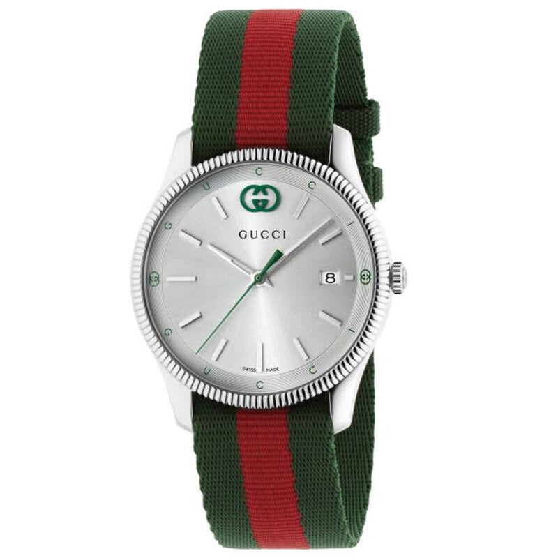 Gucci G-Timeless Silver Dial Green and Red Nylon Strap Watch - YA1264236