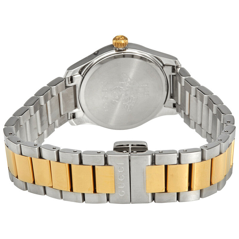 Caseback view of G-Timeless 29mm watch with two-tone bracelet and fold-over clasp