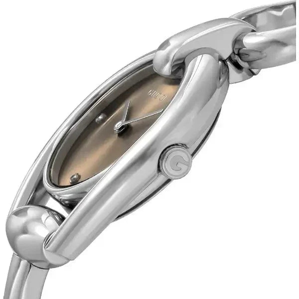 Side angled view of Gucci Horsebit watch showing stainless steel horsebit bangle strap