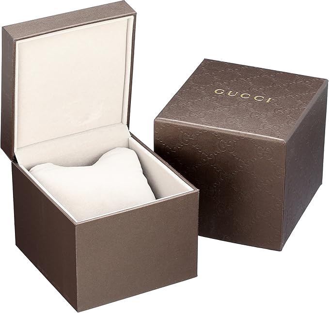 Gucci watch presentation box with brown exterior and cream interior with pillow
