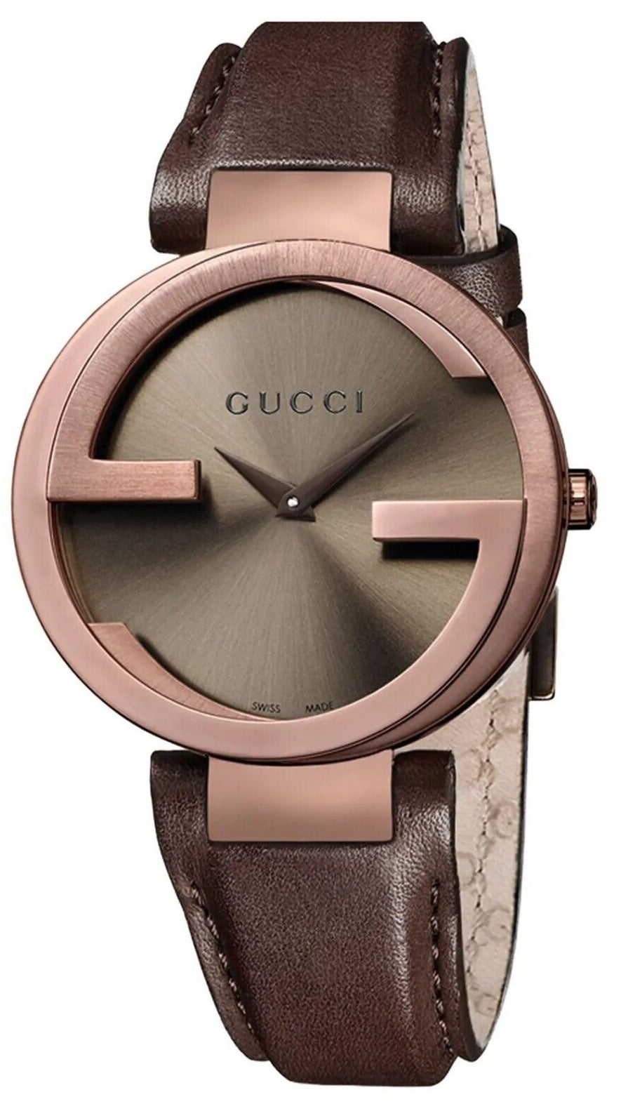 Gucci Interlocking G ladies watch with brown dial, PVD case, and brown leather strap