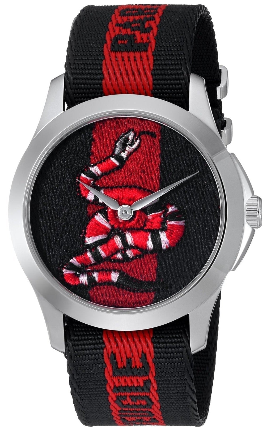 Gucci Le Marche Des Merveilles watch with red and black striped nylon strap and serpent motif dial