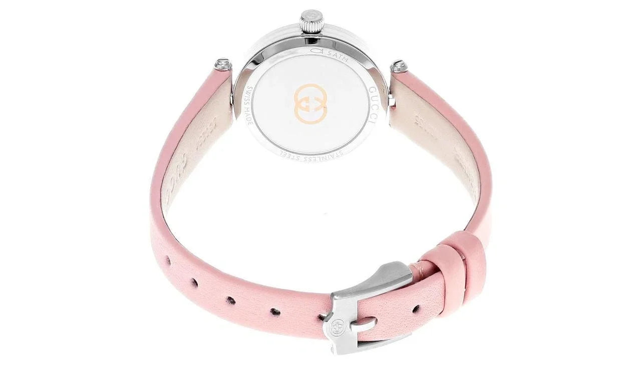 Caseback view of Gucci Model 2000 women's watch with stainless steel case and pink leather strap
