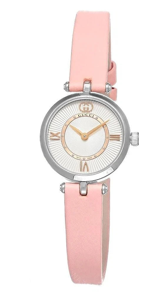 Gucci Model 2000 quartz watch with 24mm stainless steel case, white dial with Roman numerals, and pink leather strap
