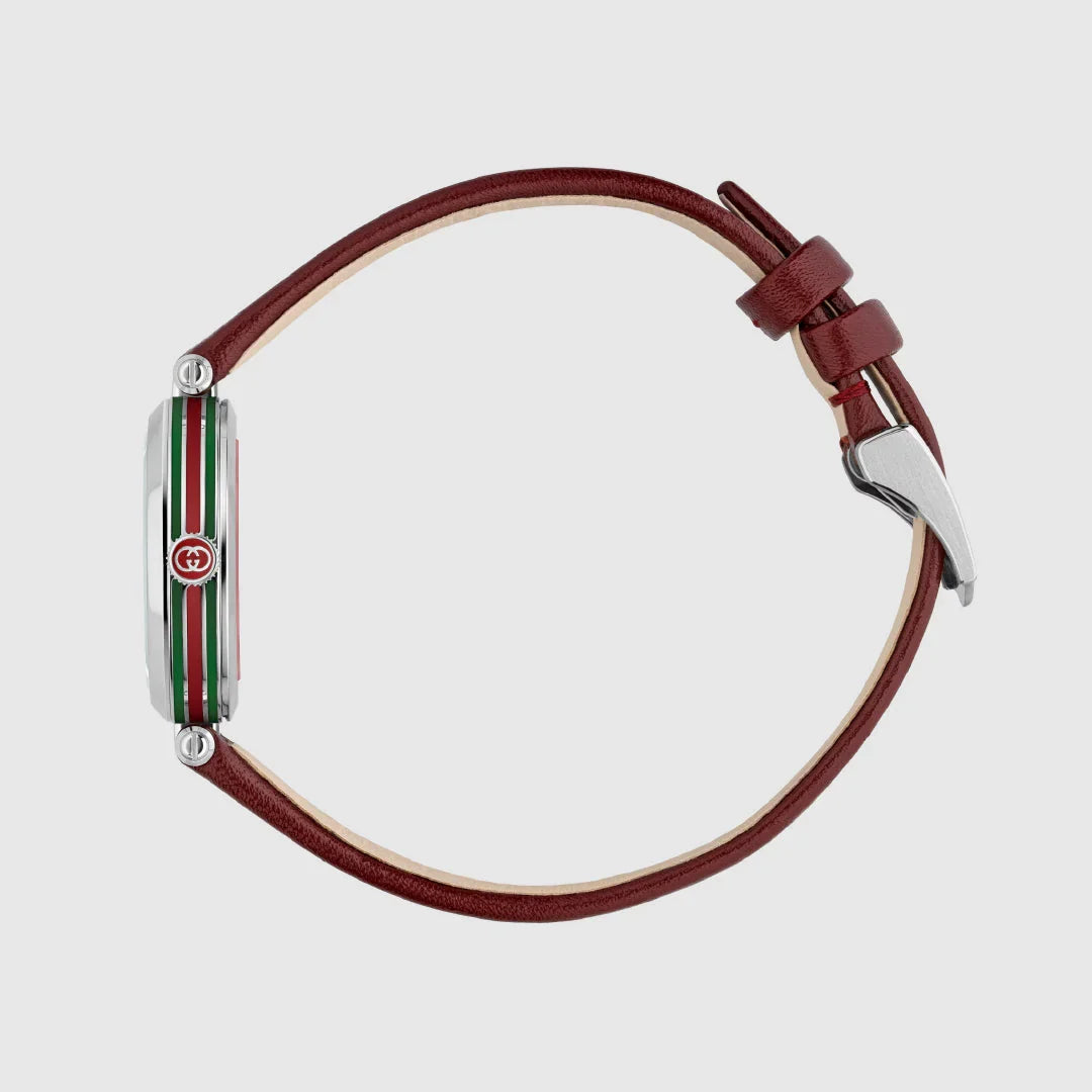 Gucci Model 2000 watch displayed flat showing full burgundy leather strap with silver buckle