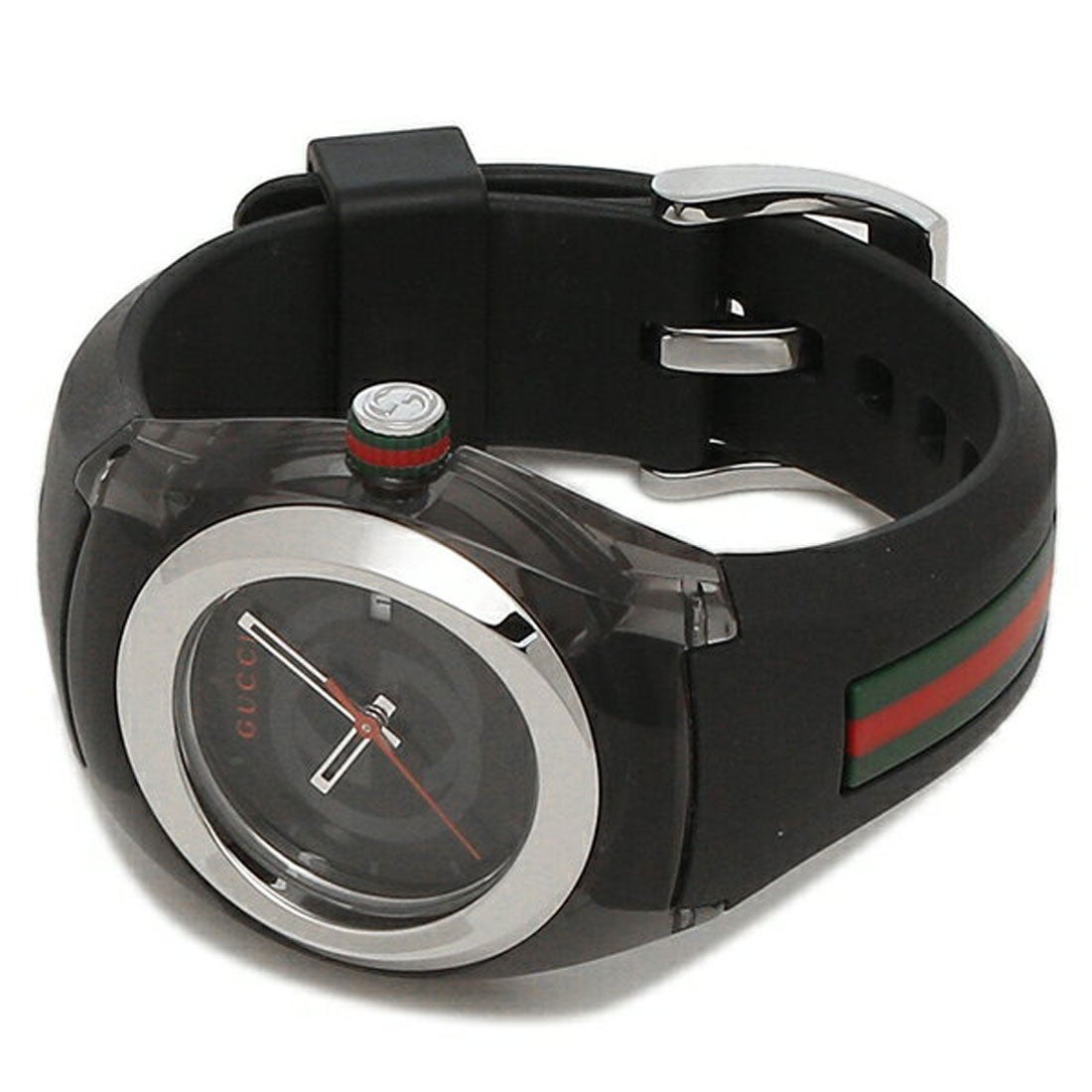 Gucci Sync 36mm watch worn on wrist displaying black dial and Web stripe strap