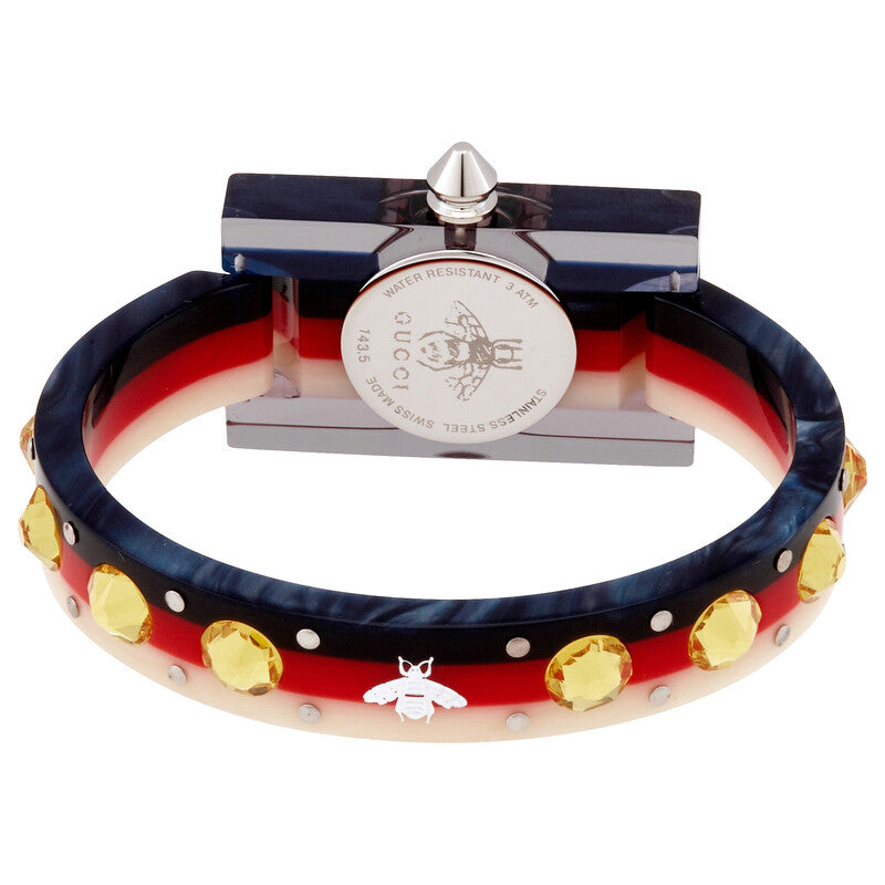 Gucci Vintage Web watch caseback with engraved details and colorful web strap underside view