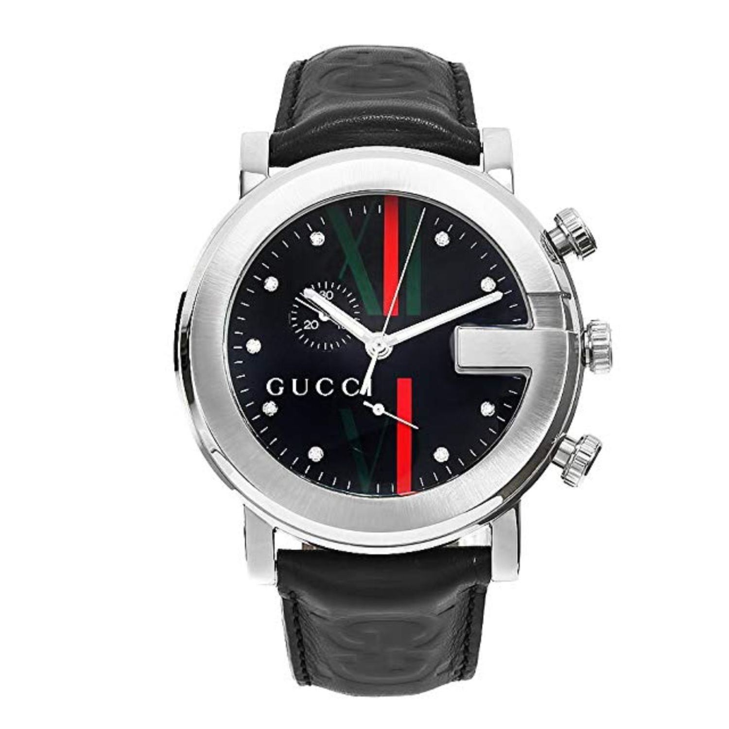 Gucci G Round black dial chronograph watch with stainless steel case and black leather strap