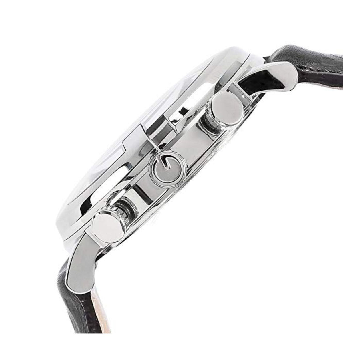 Side view of Gucci G Round chronograph watch showing stainless steel case and pushers