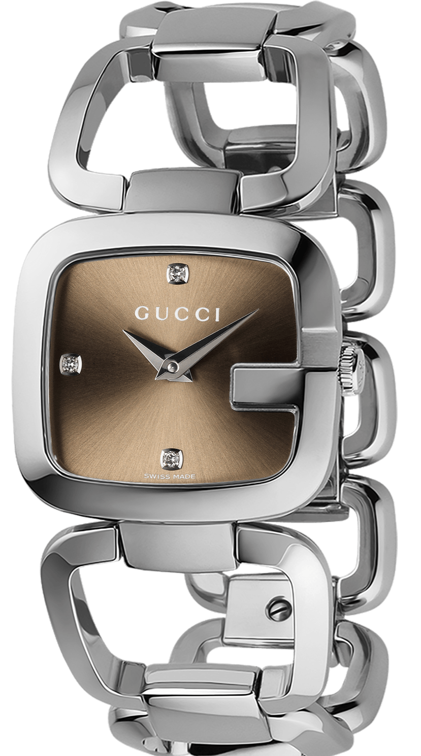 GUCCI YA125401 Silver Tone G-Gucci 125.4 Series Diamond Brown Dial Ladies Watch