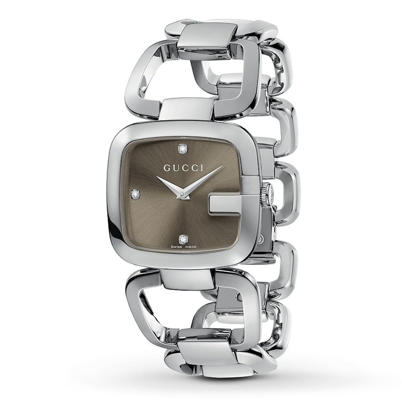 Gucci YA125401 watch side angle showing silver-tone case and bracelet