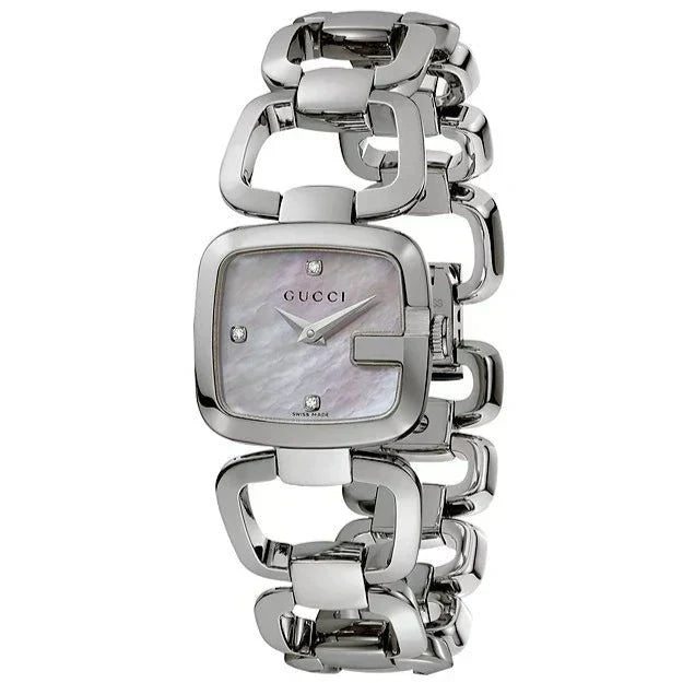 Gucci YA125502 square face watch with mother of pearl dial and stainless steel bracelet