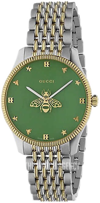 Gucci G Timeless watch with green dial, bee motif, and two-tone steel strap