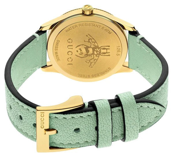 Gucci G-Timeless Yellow Gold PVD Silver Dial Green Leather Strap Quartz Womens Watch YA1265040