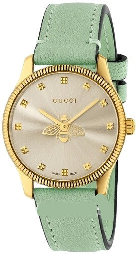 Gucci G-Timeless Yellow Gold PVD Silver Dial Green Leather Strap Quartz Womens Watch YA1265040