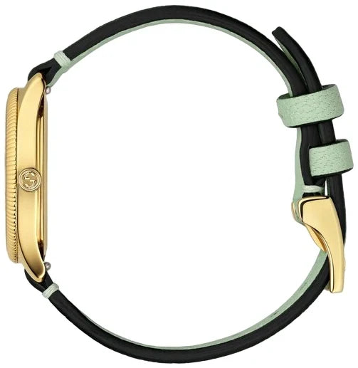 Gucci G-Timeless Yellow Gold PVD Silver Dial Green Leather Strap Quartz Womens Watch YA1265040