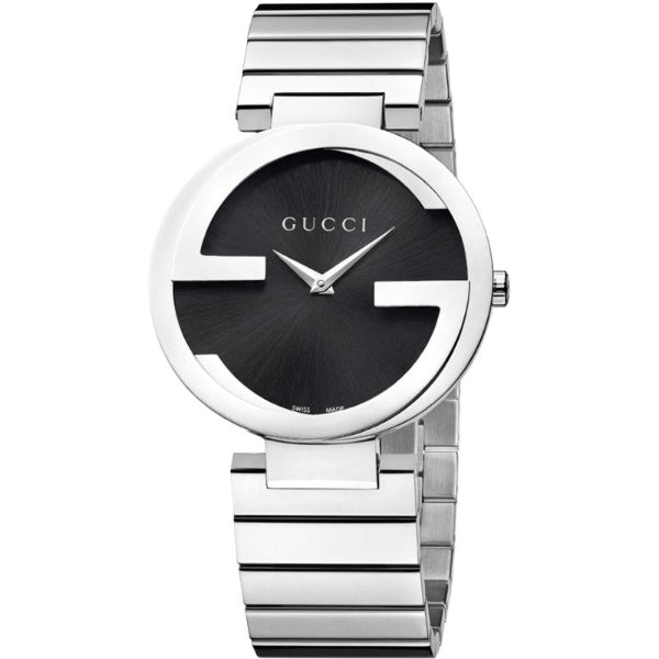 Gucci Interlocking G women's watch with black dial and white steel bracelet