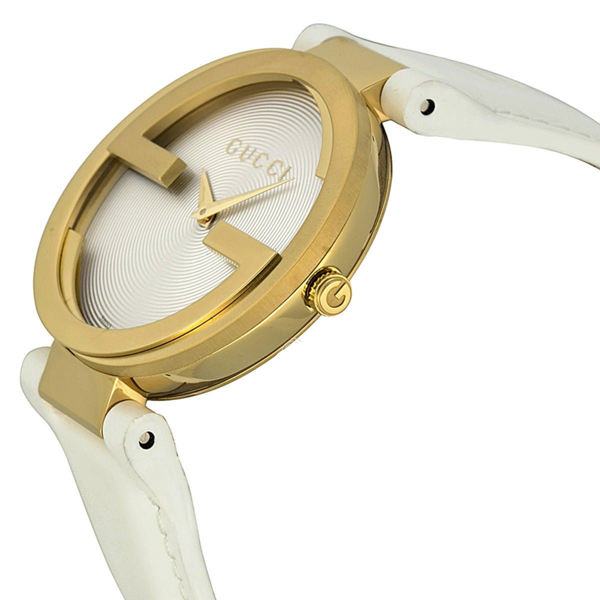 Gucci Special Latin GRAMMY watch angled view showing gold-tone case and white rubber strap