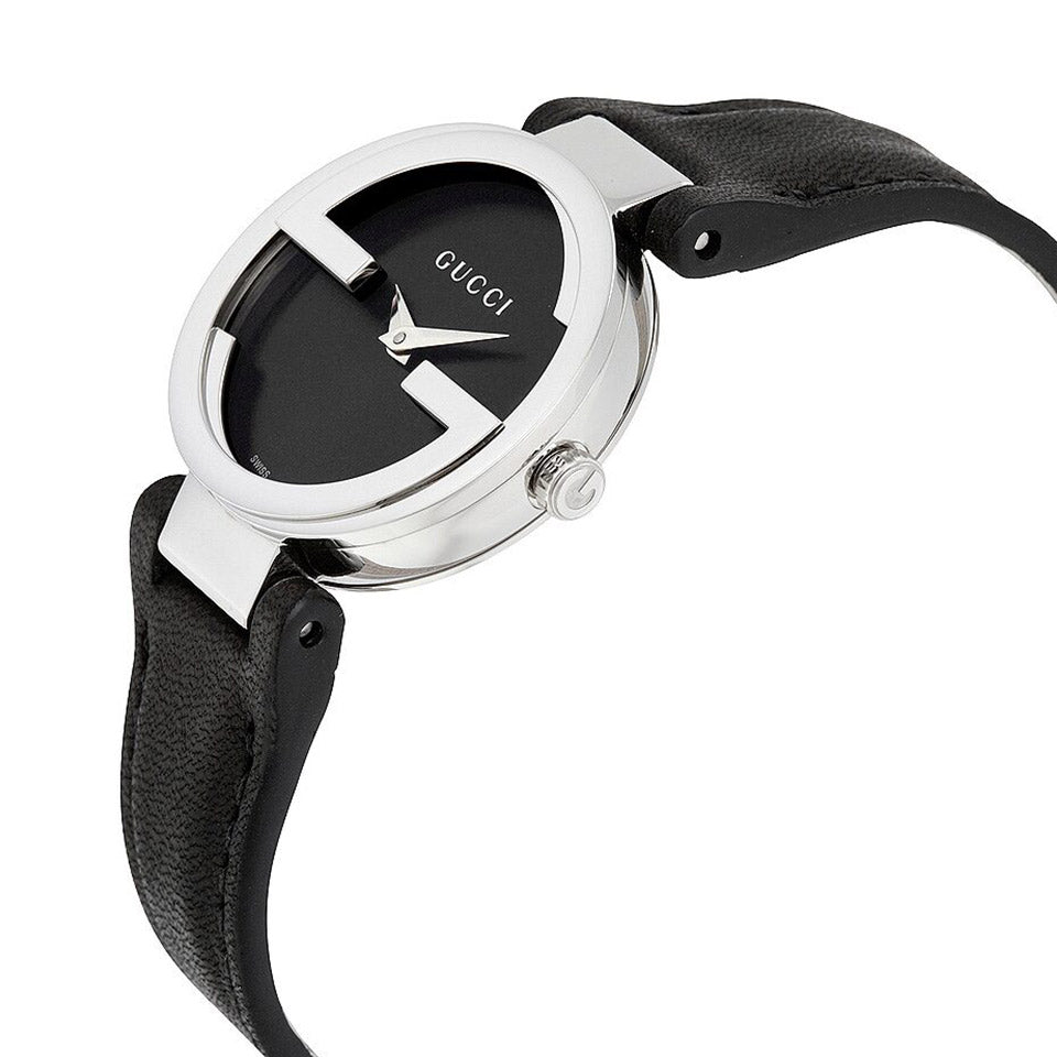 Gucci Interlocking G watch angled side view showing stainless steel case and black leather strap