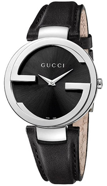 Gucci Interlocking G Black Dial Black Leather Strap Ladies Watch YA133501