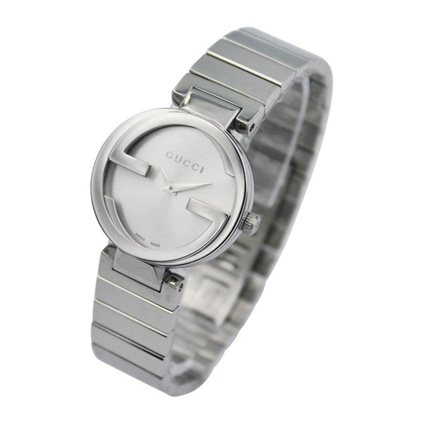 Gucci Interlocking G silver watch on wrist showing full watch and bracelet