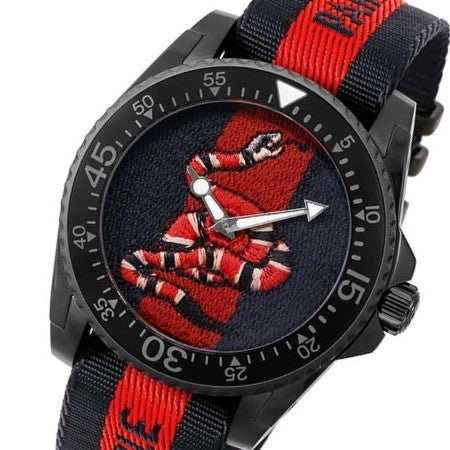GUCCI Dive 45MM SS Snake Embroidered Dial Nylon Men's Watch YA136214