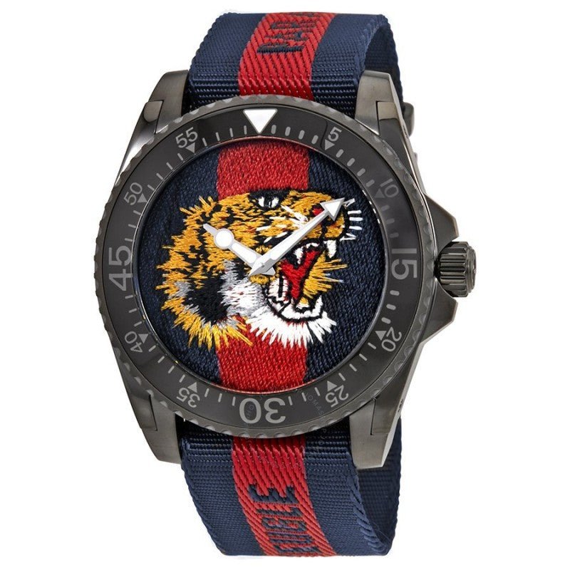 Gucci Dive Blue Red Web Dial Tiger Embroidery Men's Watch YA136215
