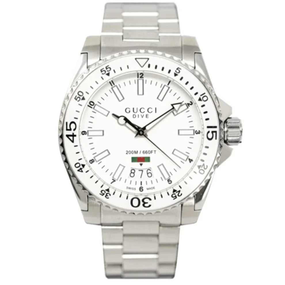 Gucci Dive 45mm stainless steel men's watch with white dial, rotating bezel, and metal bracelet