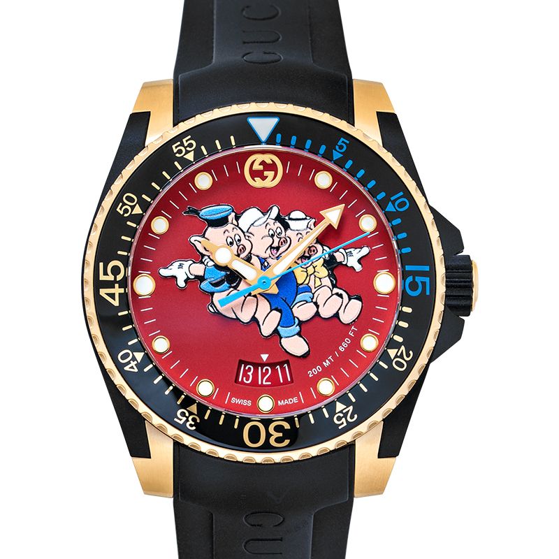 Gucci Dive Quartz Red Dial Stainless Steel Men's Watch YA136325