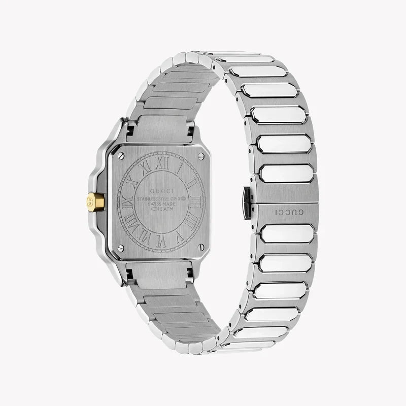 Gucci Ya166504 watch caseback and full bracelet view with stainless steel construction