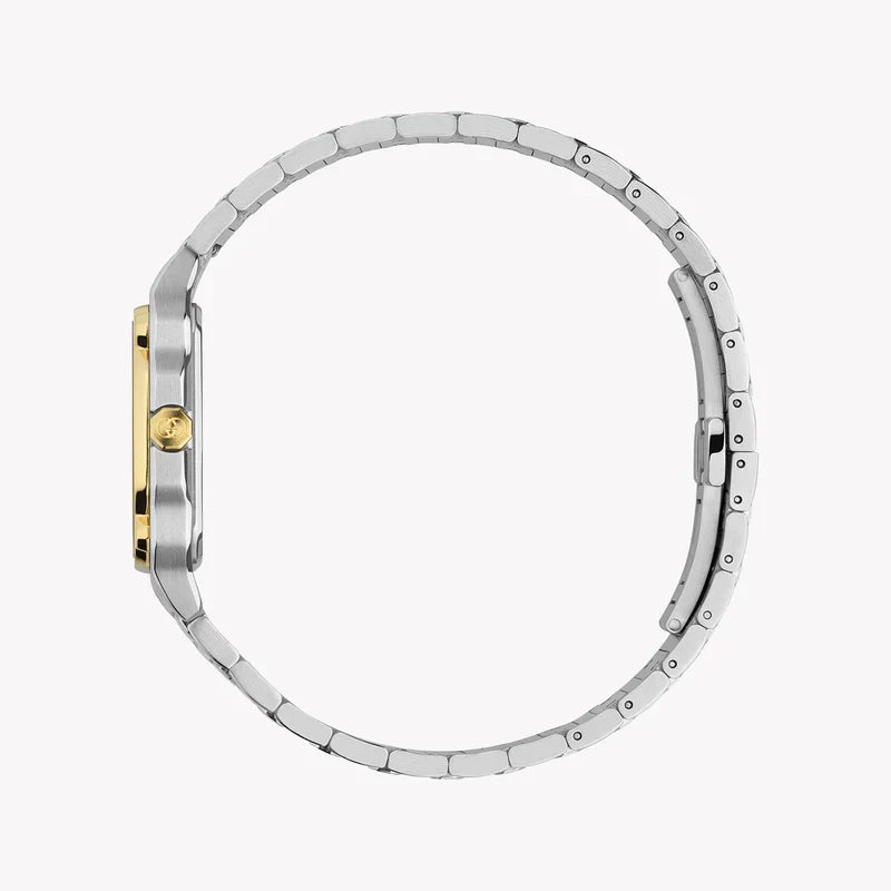 Gucci Ya166504 watch side view showing stainless steel bracelet with gold-tone accents