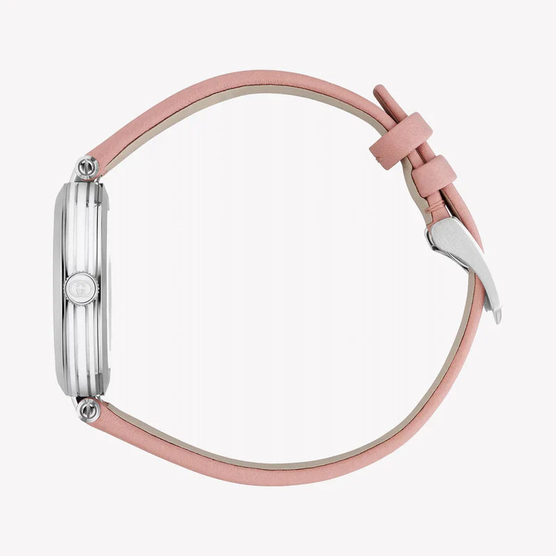 Side view of Gucci watch showing silver case and pink leather strap with buckle