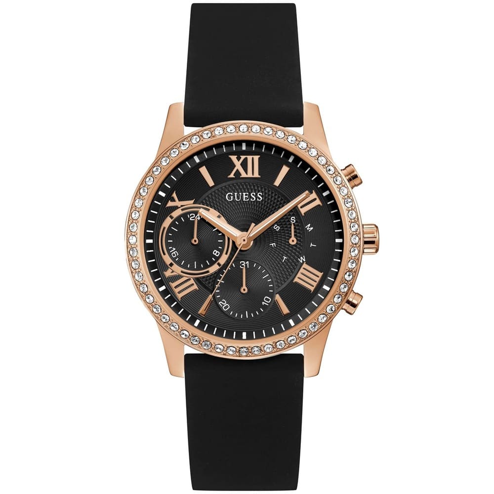 Guess 1135L4 watch with rose gold case, black dial, Roman numeral markers, and crystal bezel