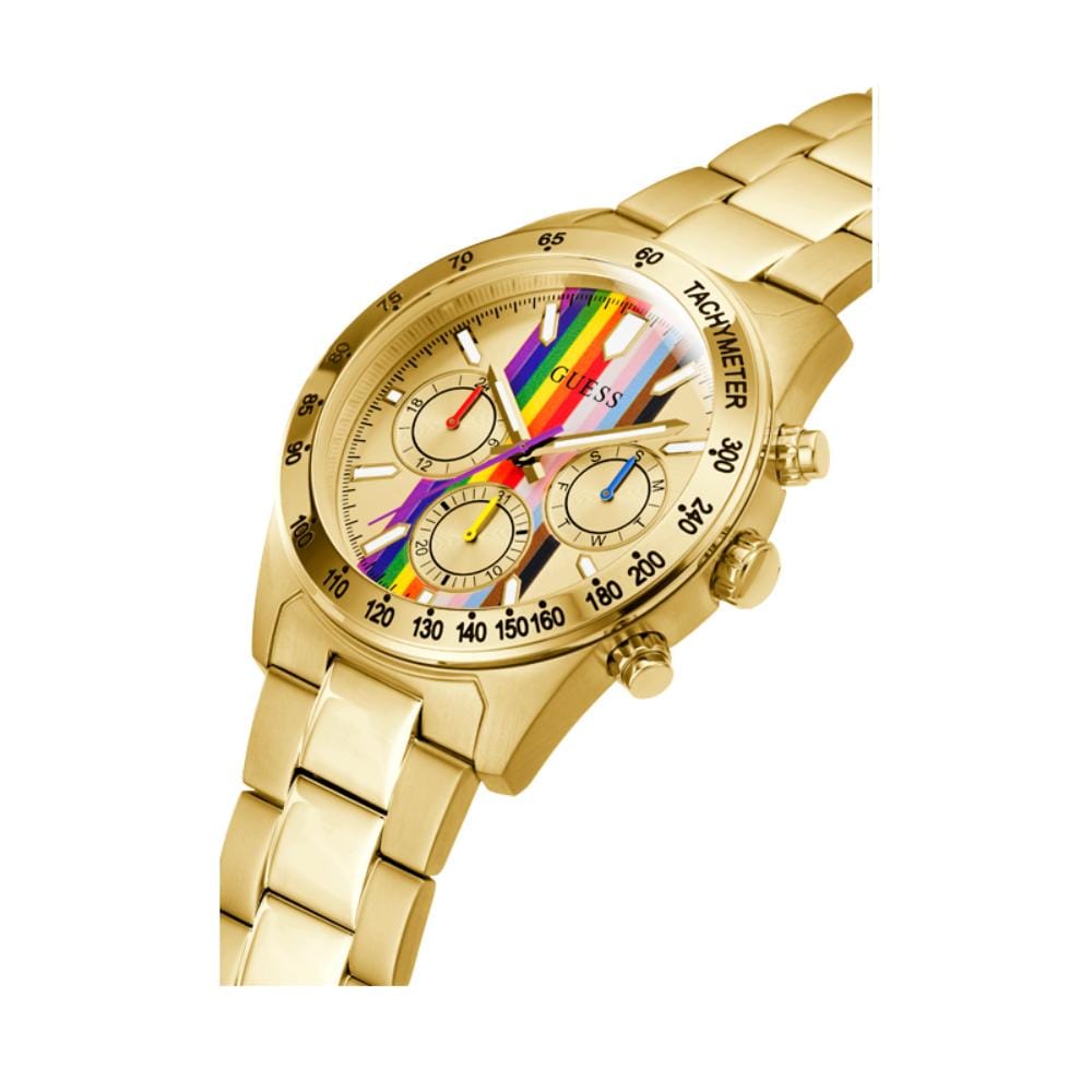 Guess Altitude gold-tone watch at three-quarter angle showing rainbow dial and gold bracelet