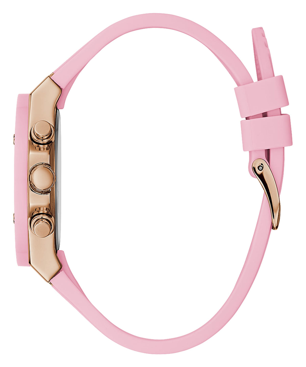 Side view of Guess Athena watch showing pink strap, rose gold case, and buckle closure