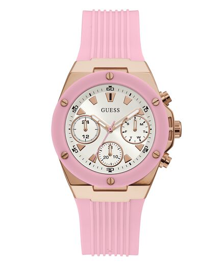 Guess Athena pink silicone strap women's chronograph watch with white dial and rose gold case