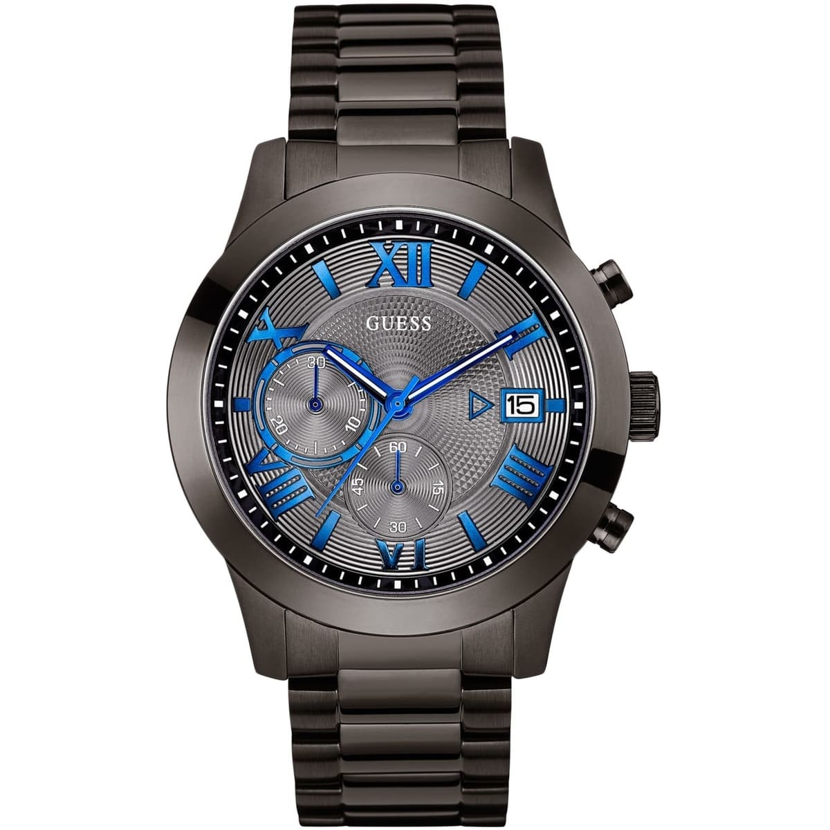 Guess Atlas men's chronograph watch with blue accents and metal bracelet