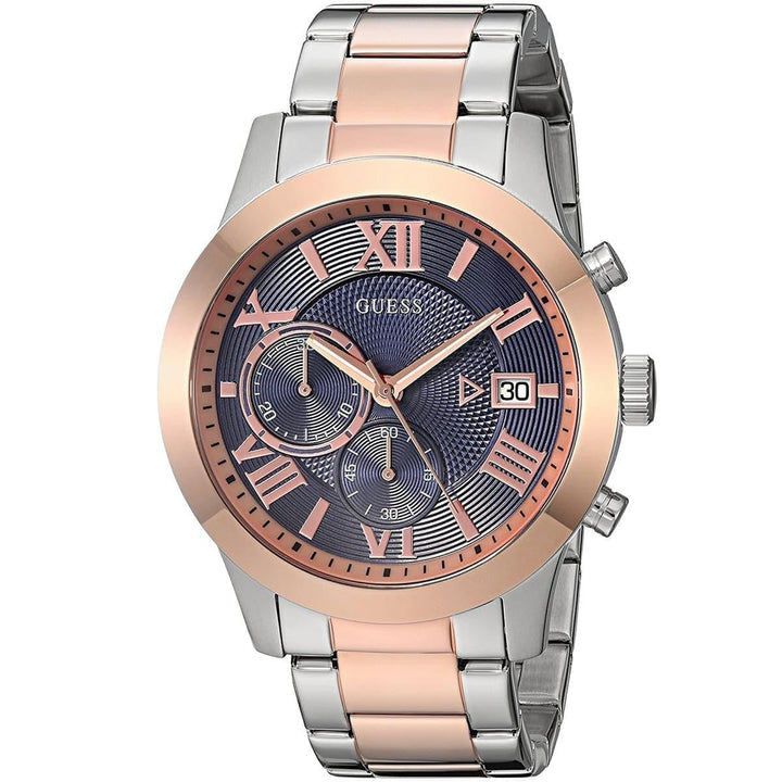 Two-tone Guess Atlas chronograph watch shown at angle with silver and rose gold bracelet