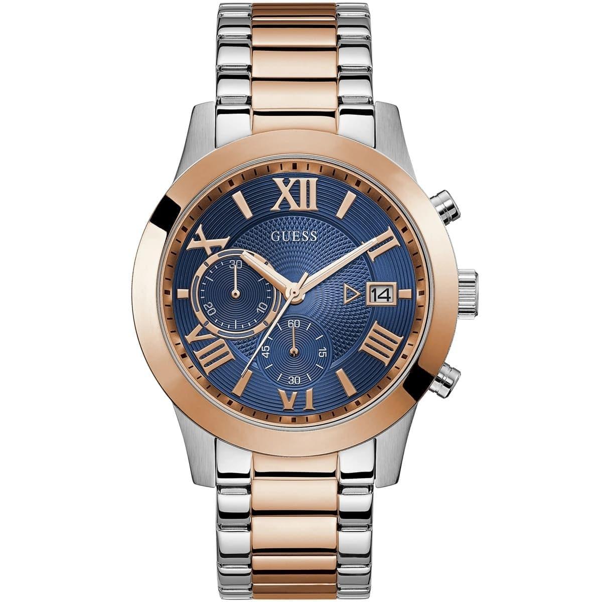 Guess Atlas two-tone chronograph watch with blue dial and Roman numeral hour markers