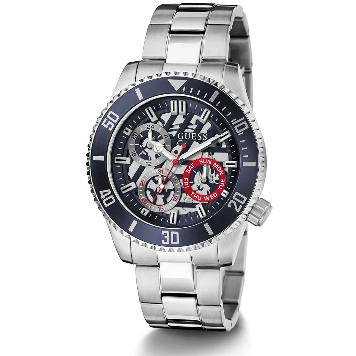 GUESS Axle men's watch angled view showing silver metal bracelet